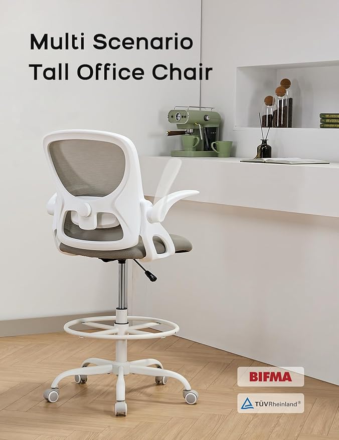 Drafting Chair Tall Office Chair with Flip-up Armrests Ergonomic Computer Standing Desk Chair with Comfy Lumbar Support and Adjustable Footrest Ring for Bar Height Desk(White-Gray)