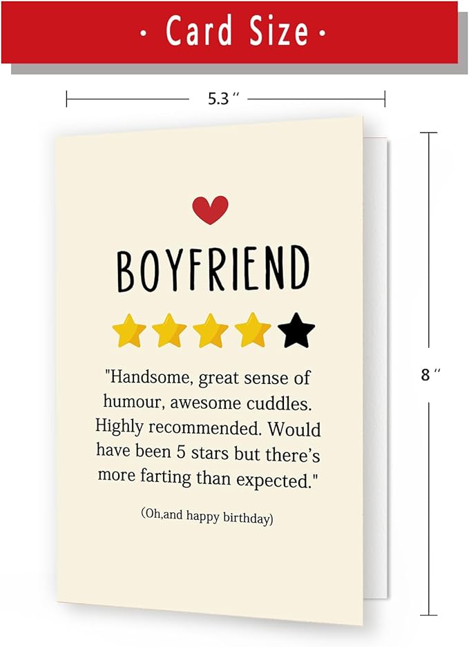Funny Birthday Card for Boyfriend，Happy Birthday Cards Gifts for Men Him，Humorous 4-Star Review Bday Gift Card for Boyfriend，Romantic Birthday Gifts for Boyfriend from Girlfriend