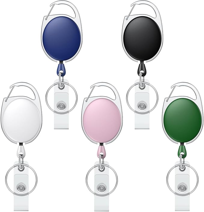 Uniclife 5 Pack Retractable Badge Reel for Badge Holder Heavy Duty Retractable Keychain Strong Colorful ABS Casing with Stainless Steel Spring Coil 24 Inch Nylon Rope Carabiner and Key Ring, 5 Colors
