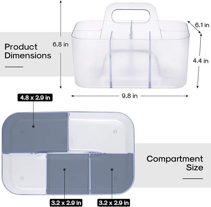 Multiuse Caddy Organizer with Handle - Stackable Plastic Bin - Divided Storage Tote Holder for Art Craft Supplies, Makeup, Bathroom, Shower, Cleaning, Kitchen, Office, Dorm, Desktop - Frosted Clear