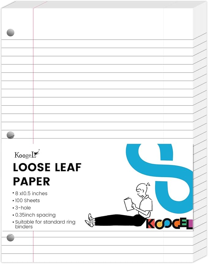 Koogel 100 Sheets Loose Leaf Paper, Wide Ruled Notebook Paper Bulk White Office Filler Paper 3-Ring Binders for School Office 8x10.5inch