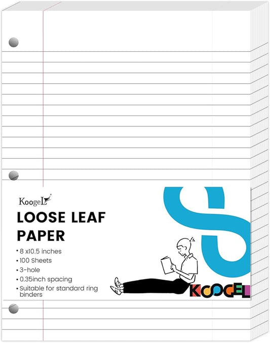 Koogel 100 Sheets Loose Leaf Paper, Wide Ruled Notebook Paper Bulk White Office Filler Paper 3-Ring Binders for School Office 8x10.5inch