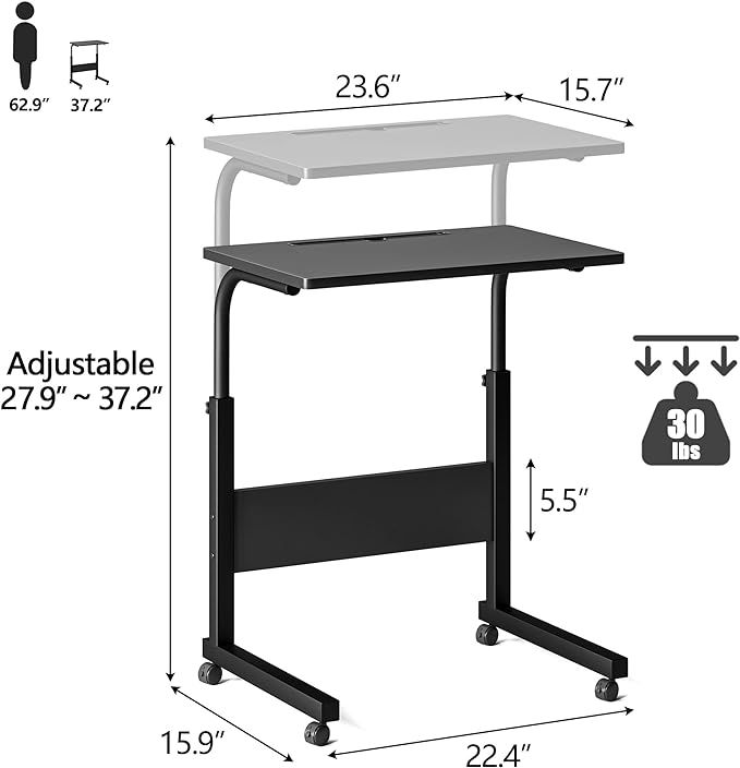 Klvied Standing Desk Adjustable Height, Stand Up Desk with Cup Holder, Portable Laptop Desk, Mobile, Small Computer Desk, Bedside Table, Black Rolling Desk, Work Desk for Home Office