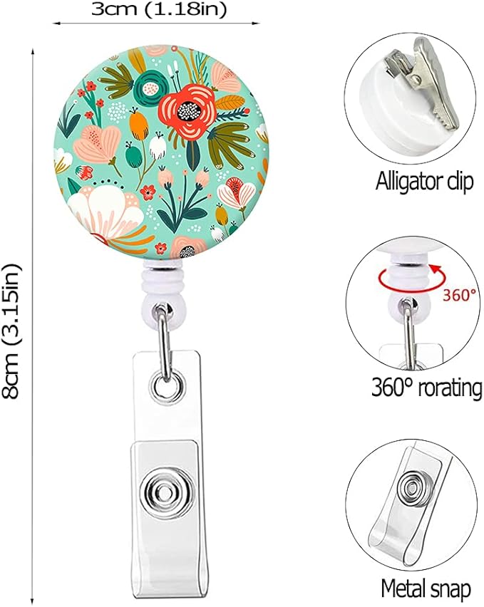 Retractable Badge Reel Clip, Badge Holder with Alligator Clip, Cute Badge Clip on ID Name Card Holders for Nurse Doctor and Office (3Pack Floral Flowers)
