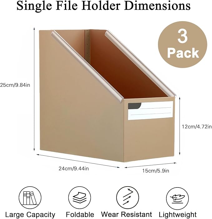 SAYEEC Plastic Magazine File Holder, 3 Pack Foldable Folder Holder with Labels, Vertical File Paper Organizer Magazine Storage Box Rack Book Bins for Desk (3 Colors (Coffee, Khaki, Orange))