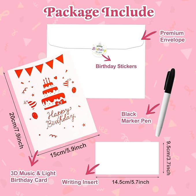 Elegant 3D Pop-Up Birthday Card with LED Lights – Blowable Candle & Music Greeting Card for Women, Mom, Daughter Pink Gold