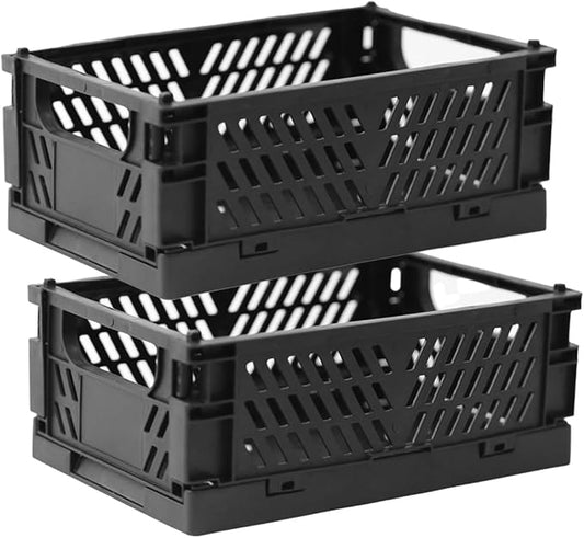 Tixill 2-Pack Mini Foldable Plastic Storage Box Mini Plastic Baskets for Organizing and Storage for Home Kitchen Bedroom Bathroom Office. (Black, 5.9x3.8x2.2)