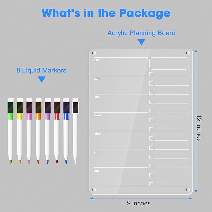 Acrylic Meal Planner Magnetic Menu Board for Kitchen Fridge Planning Board to Do List Shopping List Grocery List w/ 8 Markers, Clear Weekly Calendar for Refrigerator Dry Erase Board, 12x9’’