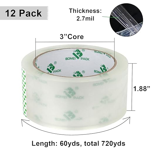 BOMEI PACK Clear Packing Tape, 2.7Mil Thick Heavy Duty Packaging Tape 12Rolls Refills with 1 Dispenser for Box Sealing, Moving and Shipping, 1.88 Inch x 60 Yard, Total 720yds
