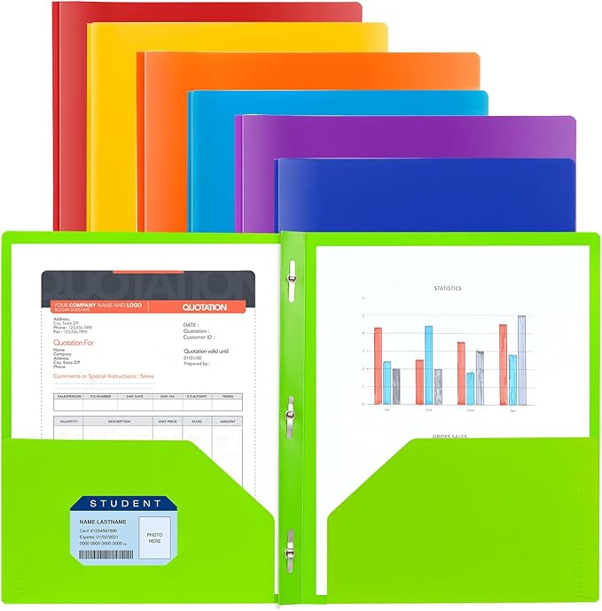 Folders with Pockets and Prongs, 3 Prong Folders with Pockets, 2 Pocket Folders with Prongs for School Office Documents, Colorful Plastic Folders with 2 Pockets for Letter Size Paper/7 Pack