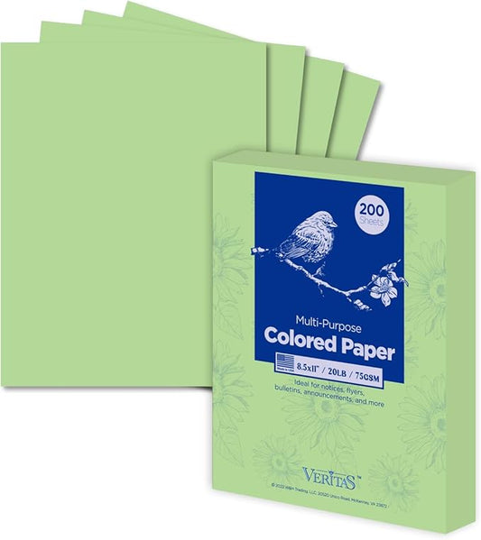 Veritas Colored Copy Paper, Green Colored Printer Paper 8.5” x 11”, 20 lb / 75 GSM, 200 Sheets (1 Reams) Computer Paper, Multi-Purpose paper, Made in USA