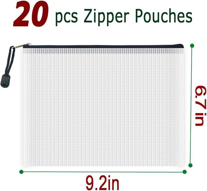 AUSTARK 20 Pcs Zipper File Bags, Plastic Mesh Pouch, Board Game Storage Bag, Waterproof Bags for Office School (A5 Size 9.2''x6.7'', White and Black)