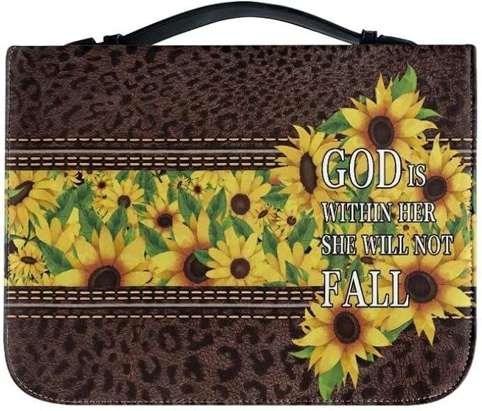 Lotusorchid PU Leather Bible Bag for Women with Inspiring Bible Verses, Sunflower Leopard Print Bible Cover Women Girls, Sturdy Bible Book Carrying Bags Christian Bible Study Accessories, L