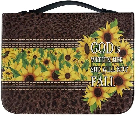 Lotusorchid PU Leather Bible Bag for Women with Inspiring Bible Verses, Sunflower Leopard Print Bible Cover Women Girls, Sturdy Bible Book Carrying Bags Christian Bible Study Accessories, M