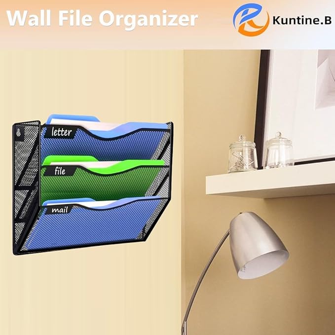 Kuntine.B 3 Pockets Wall File Holder Organizer Office Hanging Magazine Rack Wall File Organizer for Office Home, Black
