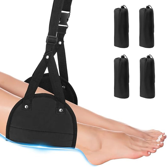 4 Pack Airplane Foot Rest, Airplane Foot Hammock with Premium Memory Foam, Adjustable Length Foot Hammock for Plane Travel, Airplane Footrest Relax Your Feet in The Train Office&Home, Black