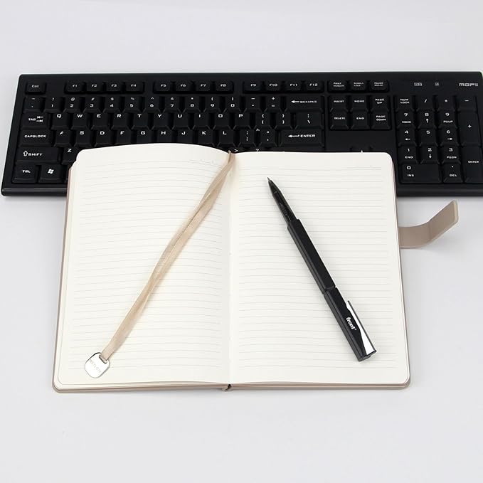 A5 Hard Cover Notebook with Pen Holder, Gold Edges & 180° Lay Flat - Large 5x8.25 Lined, Bookmark, Gift Box - Durable Journal for Office, Study, Travel - Writers, Students（Light Coffee）