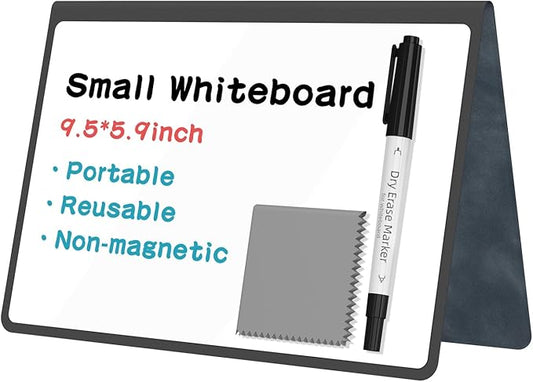 Portable Dry Erase Board,Reusable Whiteboard Notebook, Double-Sided White Board PU Cover 9.5"x6.6" with Marker,Wipe Cloth (Black)