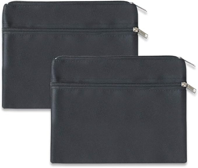2 Pack 14 X 11 Inches 600D Zipped Large Storage Envelope Pouches Bags with 2 Pockets, Poly File Paper Document Organizer, Portable Bulk Bags for Filing Office Supplies, Black, 2 Pack