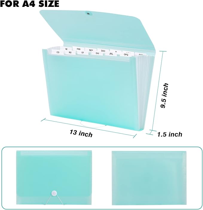 Expanding File Folder A4,13 Pockets File Organiser with Colored Tags, Paperwork A4 Plastic Wallet Document Storage Expander for School,Office and Home, Light Green