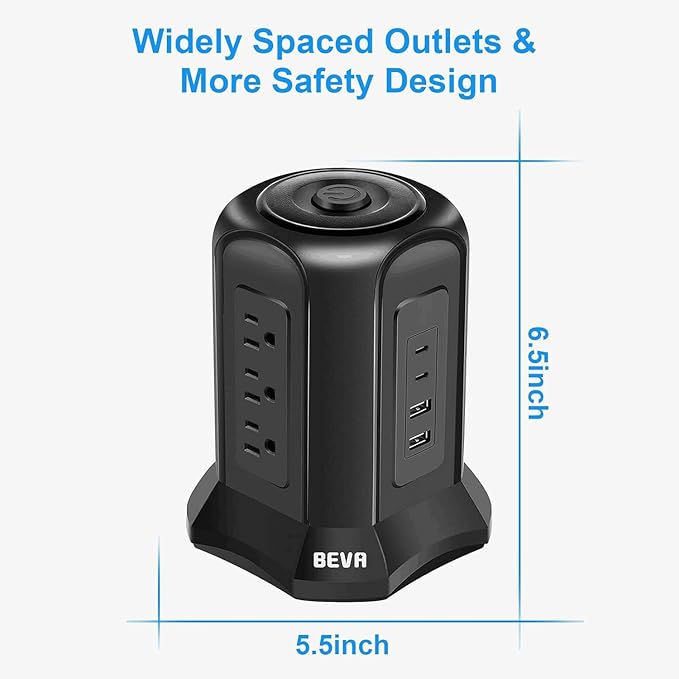 Power Strip Tower Surge Protector BEVA 10ft Flat Plug Desktop Charging Station 9 AC Outlets 4 USB Ports, 900 Joules, Long Extension Cord for Home Office Appliances Smartphones Computer Tablets(Black)