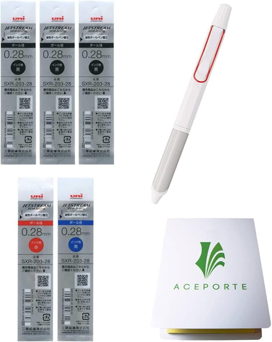 Uni Jetstream EDGE3 0.28mm Oil-based Ballpoint Pen White Red Body ＋ Black/Red/Blue Refills, Sticky Notes Value Set
