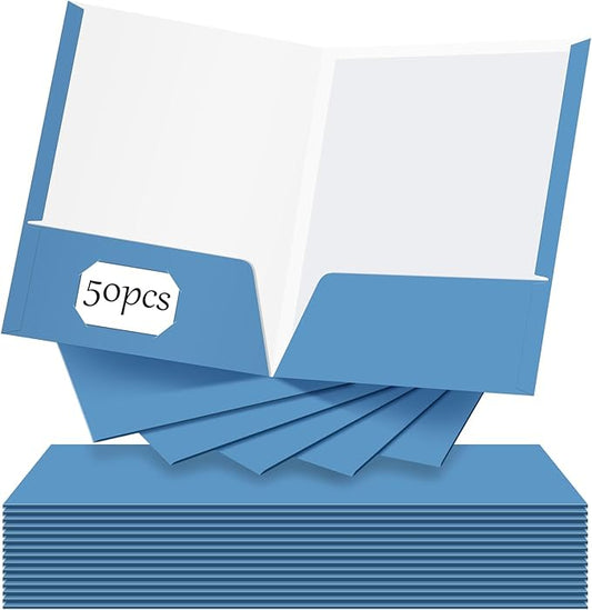 Jutom 50 Pcs 2 Pocket Glossy Paper Folders Glossy Paper Laminated Portfolios, Letter Size, Presentation Folders with Pockets for Office Teacher Worker Supplies(Light Blue)