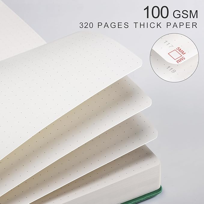 EMSHOI Bullet Dotted Journal Notebook - 320 Pages, 100gsm Thick Paper, A5 Hardcover Leather, Dot Grid Notebook for Women Men Work Writing, Bullet Journaling, Drawing, 5.75 x 8.38, Dark Green