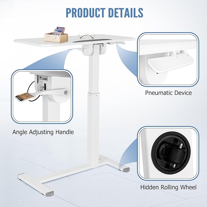 Mobile Standing Desk Adjustable Height, Sit Stand Foldable Desk with Wheels, 90° Tiltable Overbed Bedside Table, Portable Rolling Laptop Desk for Home, Office, School (White)