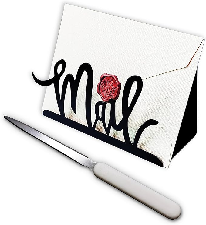 Black Metal Mail Holder, Countertop Letter Organizer with Letter Opener, Office Desktop Envelope Rack, Tabletop Document Stand (Art)