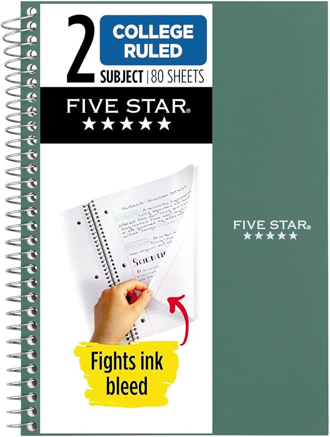 Five Star Spiral Notebook, 2 Subject, College Ruled, 9 1/2" x 6" 80 Sheets, Seaglass Green (840029CH1-ECM)
