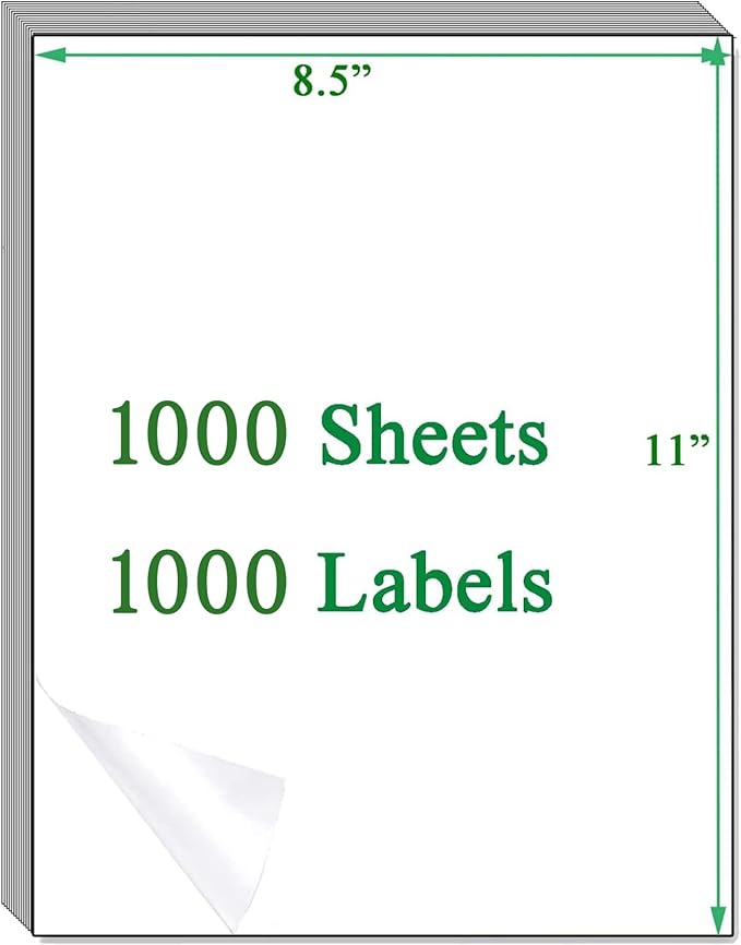 Shipping Address Label Stickers Paper for Laser and Inkjet Printer (1000 sheets, 8.5" x 11" (Full Sheet))