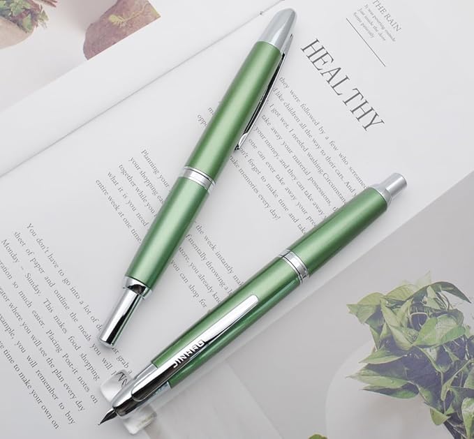 JINHAO 10 Press Fountain Pen, Retractable Metal Pen with Ink Converter (F Nib 0.5mm, Light Pine Green)