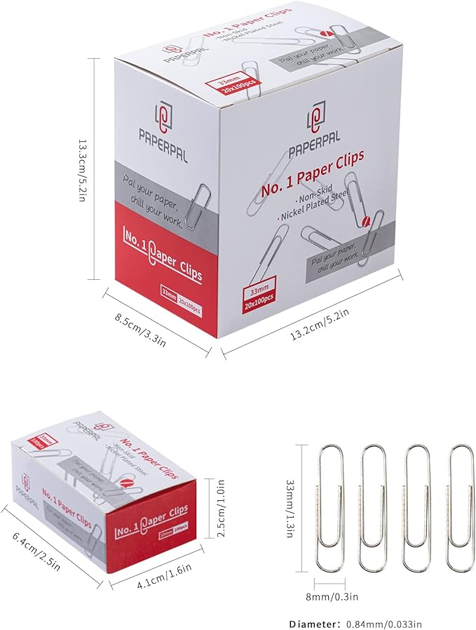 PAPERPAL #1 Nonskid Paper Clips, 2000 Medium Paper Clips (20 Boxes of 100 Each), Bulk Paperclips for Office School & Personal Use, Daily DIY, 1-2/7" Silver Heavy Duty Non-Skid Paper Clip Standard Size