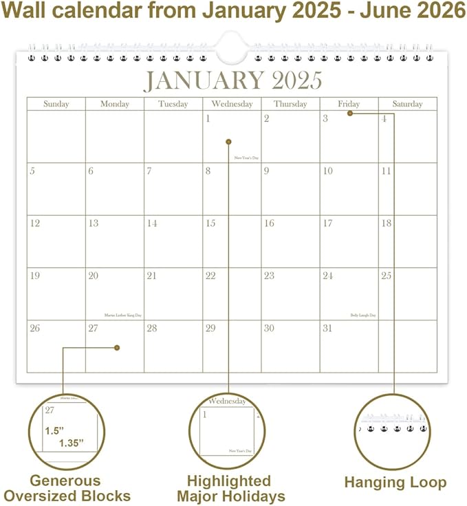 Calendar 2025-2025-2026 Wall Calendar from January 2025 - June 2026, 18 Months Calendar with Premium Paper, Twin-Wire Binding & Hanging Hook, 8.5" x 11", Golden