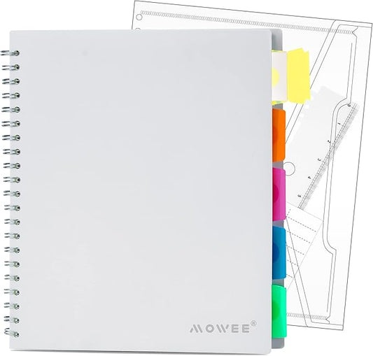5 Subject Notebook - Spiral Notebook, College Ruled Notebook With Dividers Pocket, Tabs, 11" Ruler, 200 Pages, for Writing Journal, Home & Office, School Supplies, 8.5''x11'' Lily White
