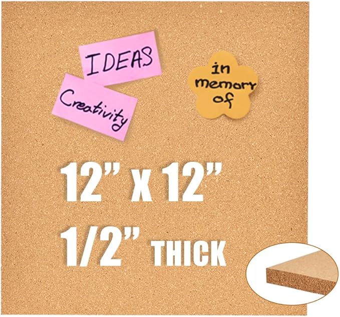 12x12" Cork Board Tiles Bulletin Board, 1/2" Thick Small Square Cork Boards for Walls, Self-Adhesive Cork Tiles for Home, Office, School, Bulletin Board Decorations(12mm,1pc)