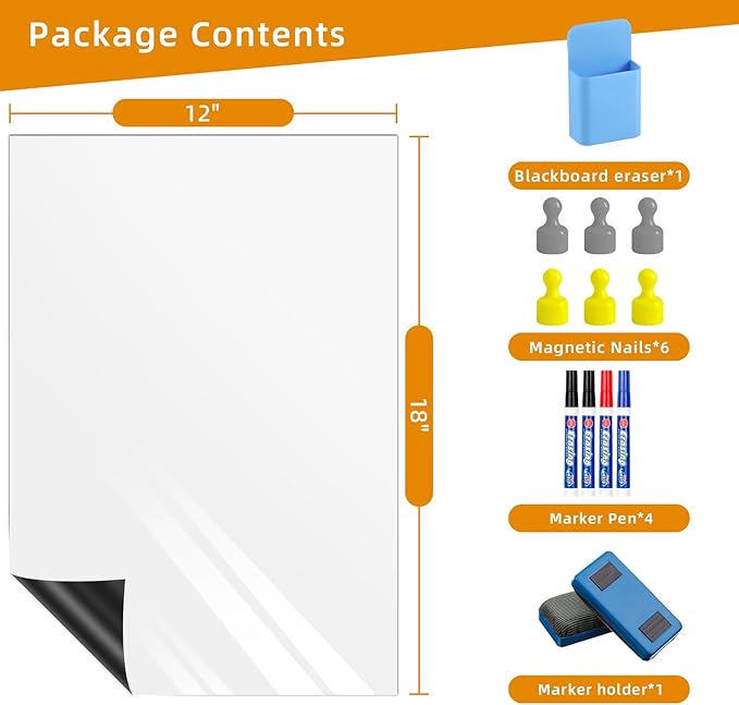 Dry Erase Adhesive Whiteboard Paper, 12" x 18" Stick on Magnetic Contact White Board Sticker on Wall for School, Office, Kitchen Fridge, Kids Drawing