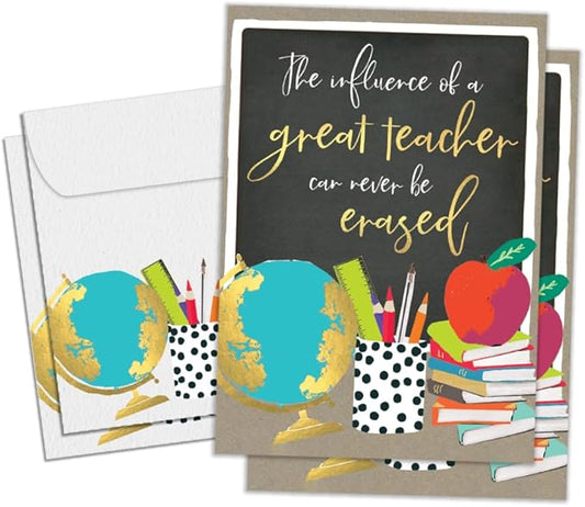 Tree-Free Greetings Teacher Appreciation Cards - Artful Designs - 2 Cards + Matching Envelopes - Made in USA - 100% Recycled Paper - 5"x7" - Lighthearted, For Teacher, Never Be Erased (GT64435)
