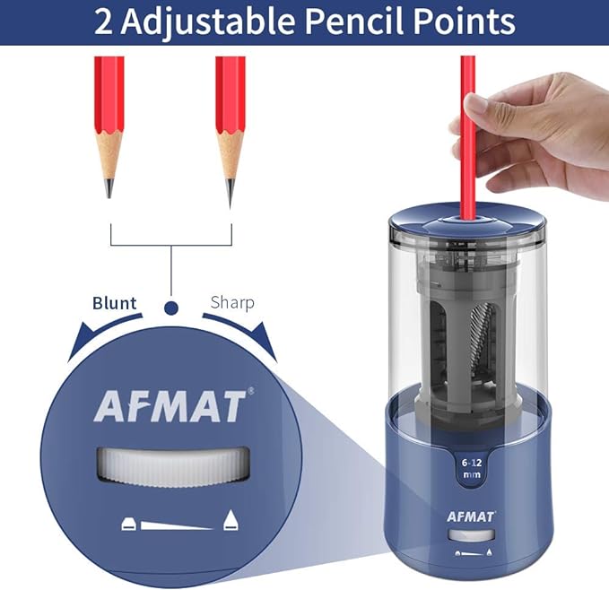 AFMAT Pencil Sharpener, Electric Pencil Sharpener for Colored Pencils, Auto Stop, Fast Sharpen in 3s, Large Hole Pencil Sharpener Plug in for 6-12mm No.2/Jumbo Pencils-Blue
