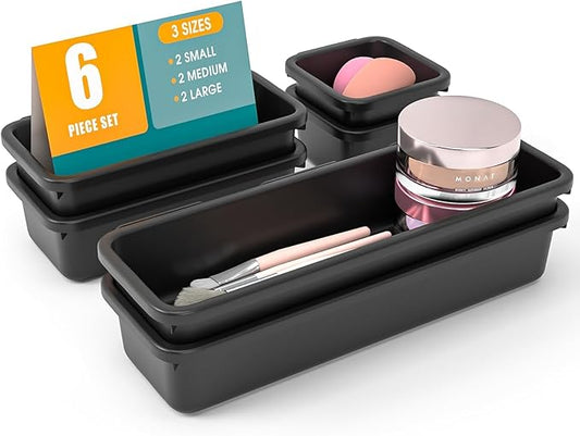 6 PCS Drawer Organizer Set, 3 Size Makeup Drawer Divider Organizer With Non-Slip Pads, Interlocking Plastic Storage Bins for Office,Jewelry Vanity,Gadgets, Bathroom,Kitchen, Black