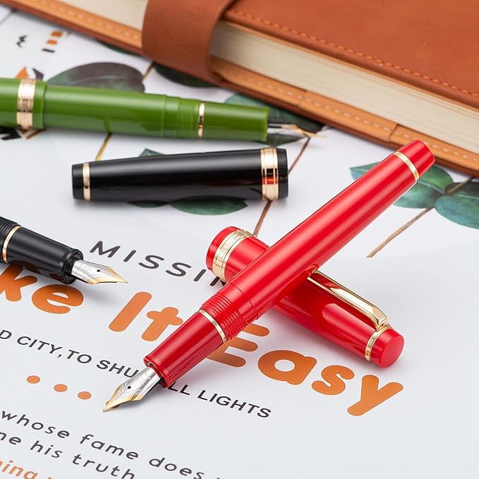 Jinhao 82 Avocado Green Acrylic Fountain Pen, Iridium Extra Fine Nib Classic Design Smooth Writing Pen with Ink Converter (Gold Trim)