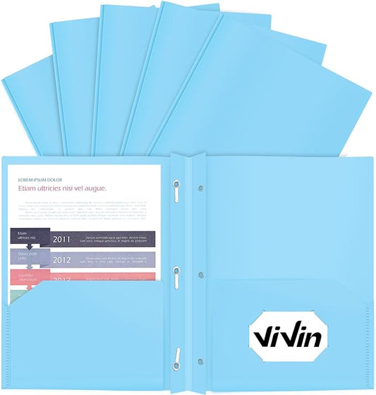 ViVin Heavy Duty 2-Pocket Folders with Brads, Pastel Color, 12-Pack, Durable Plastic Folder with 3-Prong Fasteners, Holds US Letter Size Paper, for School, Home and Office (Light Blue)