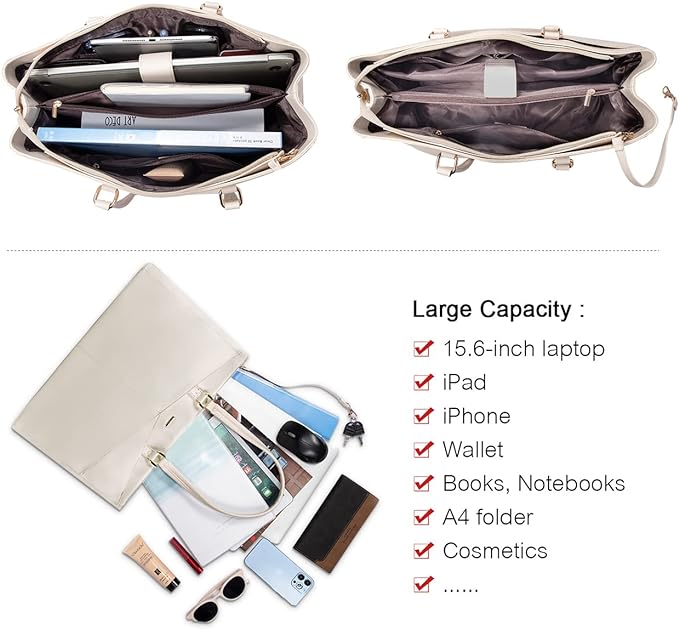 LOVEVOOK Laptop Bag for Women 15.6 Inch Tote Bags Waterproof Leather Briefcase Computer Women Business Office Work Bag,Beige