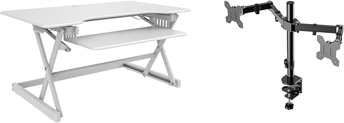 Rocelco 40" Large Height Adjustable Standing Desk Converter with Dual Monitor Mount BUNDLE - Quick Sit Stand Up Computer Workstation Riser - Retractable Keyboard Tray - White (R DADRW-40-DM2)