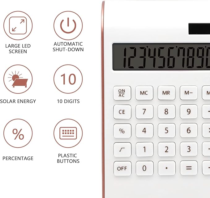Rose Gold Calculator, UPIHO Rose Gold Pink Office Supplies and Accessories, 10 Digits Solar Battery Basic Office Calculator, Desktop Calculator with Large LCD Display, Gifts for Coworkers
