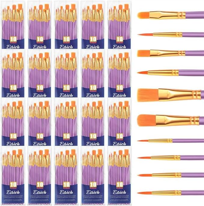ESRICH Acrylic Paint Brushes Set, 20 Packs / 200 Pcs Nylon Hair Paint Brushes,Paint Brush Set Suitable for Oil,Watercolor,Rock Body Face Art, Kids Adult Perfect Art Painting Craft Paint Brush Kits.