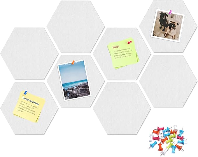 12" Large Bulletin Board with 30 Push Pins, Pack of 8 Hexagon Felt Pin Board Notice Boards for Home Office Kitchen, Felt Wall Tiles for Photos Memos
