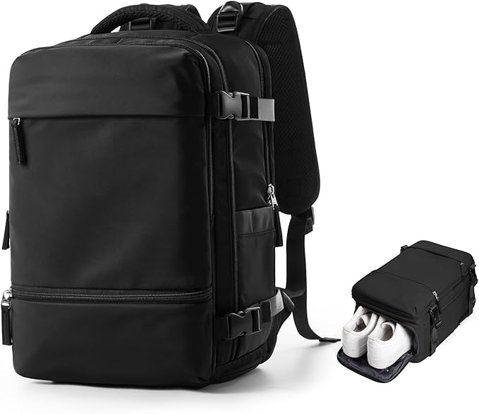 Travel Backpack Simple Durable Carry On Backpack with Shoe Compartment, Personal Item Travel Bag Flight Approved, Water Resistant Laptop Backpack for Women Men Weekender Business, Black