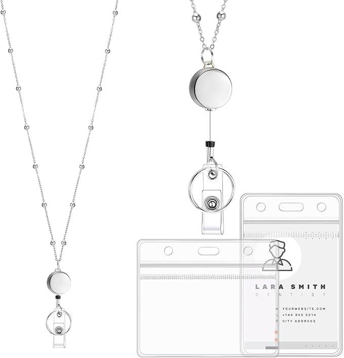 Prudiut Lanyards for Id Badges Stainless Steel Badge Lanyards with 2 Pcs Waterproof Id Badge Holder Retractable Id Badge Lanyards Teacher Lanyard for Cruise Ship Key Cards Id Badges